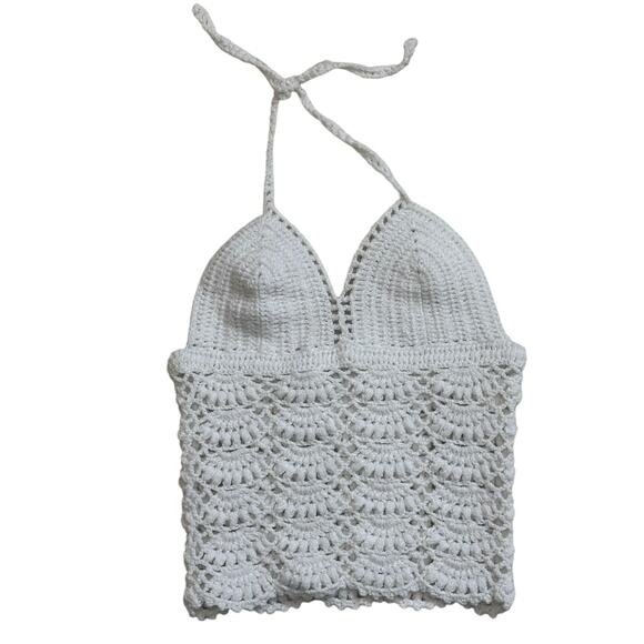 Handmade XS Crochet Cotton Halter Tank Top White Scallop Open Back - Picture 2 of 6